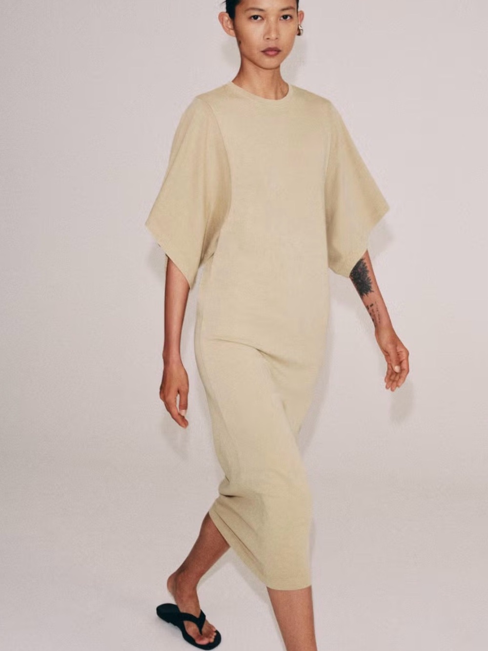Zara Minimal Tan-Cream Jumpsuit with Wide Short Sleeves